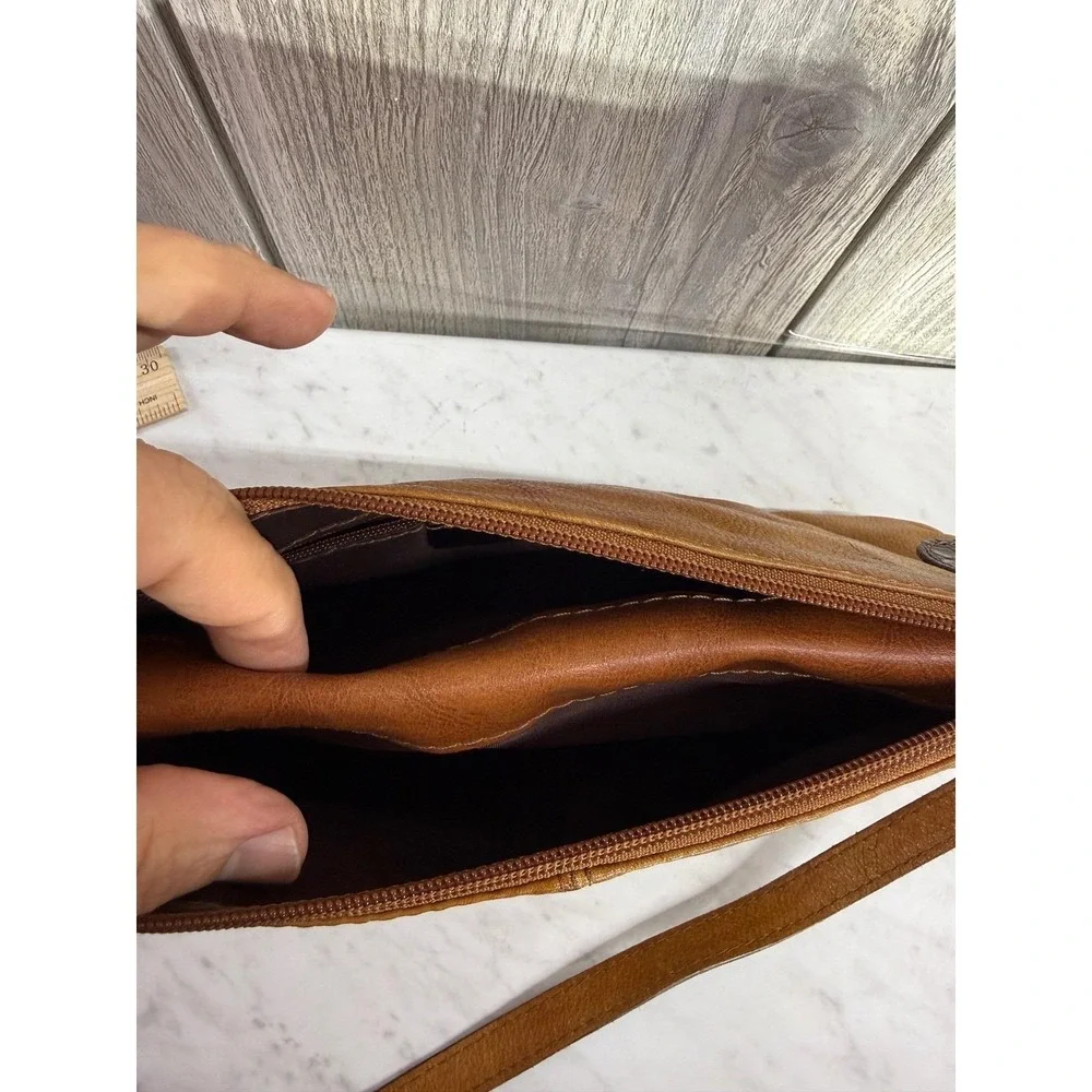 Lavorazione Artigianale Italy Tan Leather Foldover Crossbody Bag Croc Trim PAM